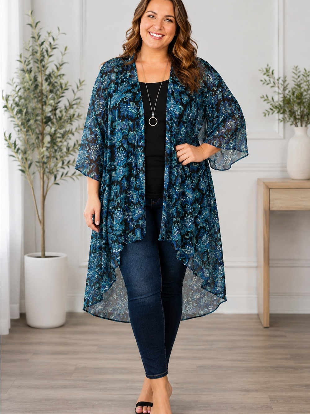 Woman’s Espresso paisley print semi sheer open from hi Lo kimono size 2X